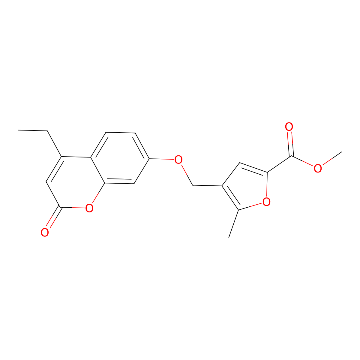 methyl 4-(((4-ethyl-2-oxo-2H-chromen-7-yl)oxy)methyl)-5-methylfuran-2-carboxylate molecular structure, CAS 374759-21-4