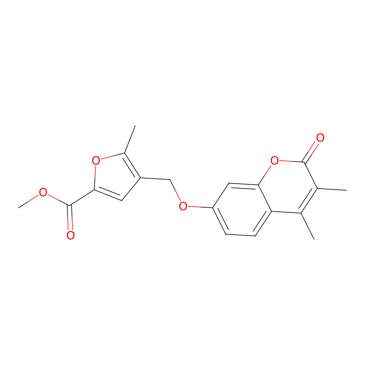 Methyl 4-[(3,4-dimethyl-2-oxochromen-7-yl)oxymethyl]-5-methylfuran-2-carboxylate molecular structure, CAS 374760-38-0