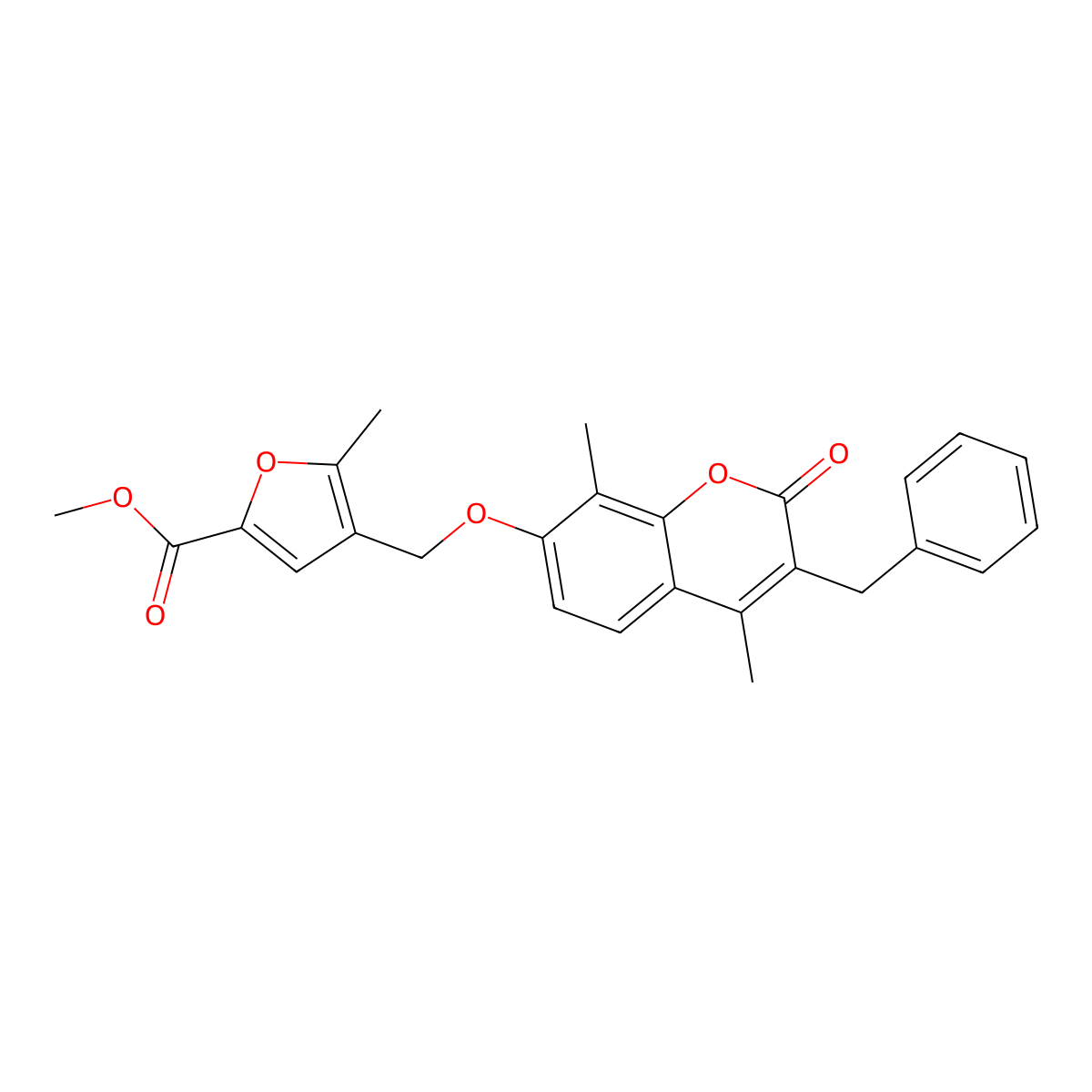 Methyl 4-[(3-benzyl-4,8-dimethyl-2-oxochromen-7-yl)oxymethyl]-5-methylfuran-2-carboxylate molecular structure, CAS 374762-66-0