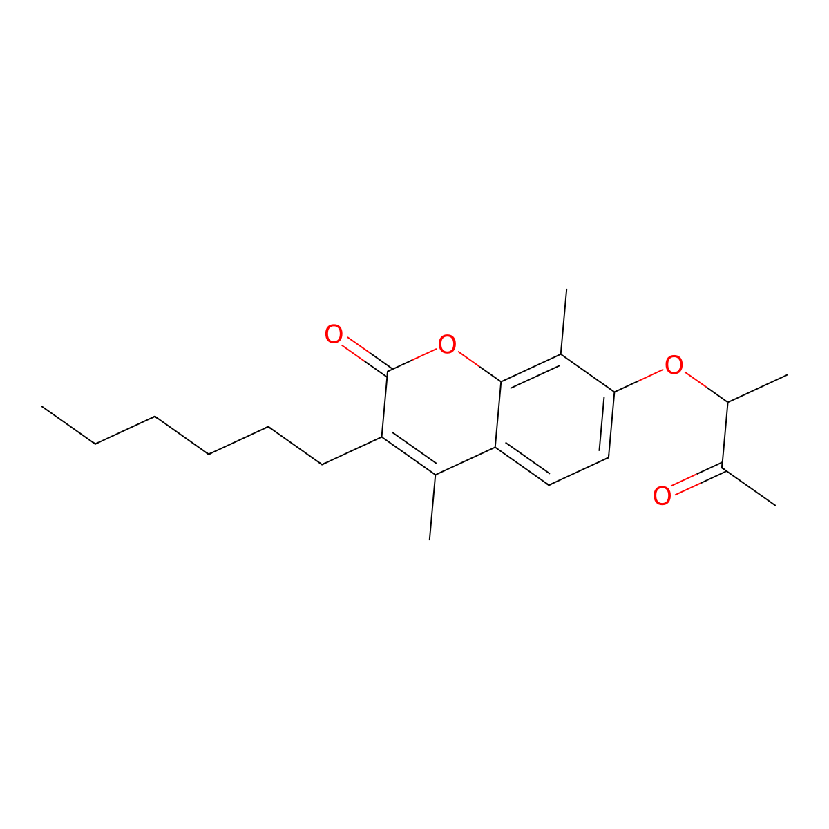 3-hexyl-4,8-dimethyl-7-((3-oxobutan-2-yl)oxy)-2H-chromen-2-one molecular structure, CAS 374764-43-9