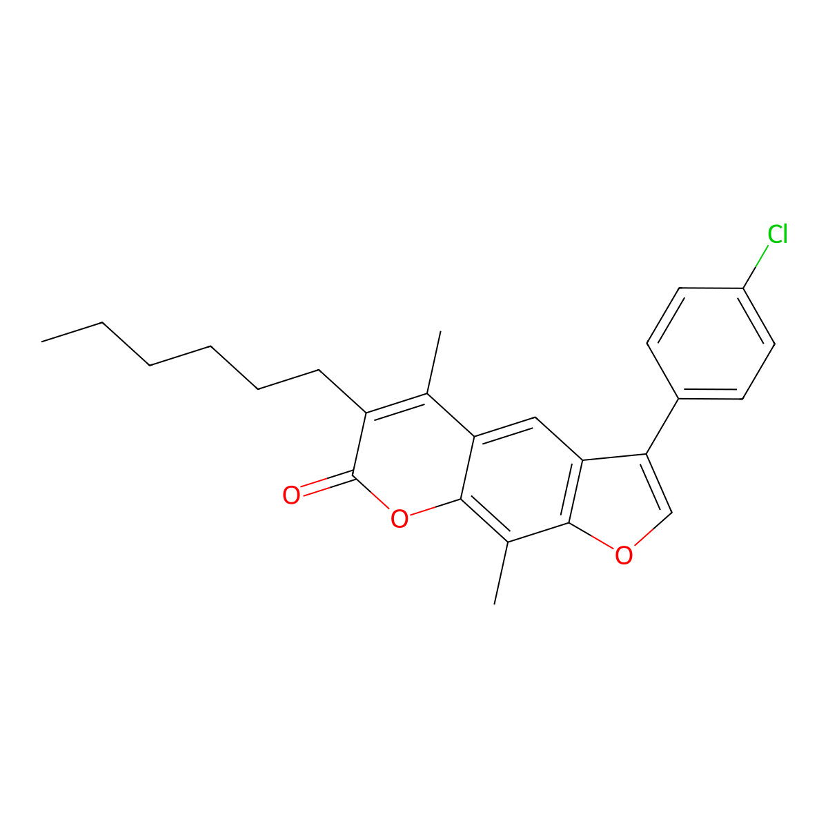 3-(4-chlorophenyl)-6-hexyl-5,9-dimethyl-7H-furo[3,2-g]chromen-7-one molecular structure, CAS 374765-40-9