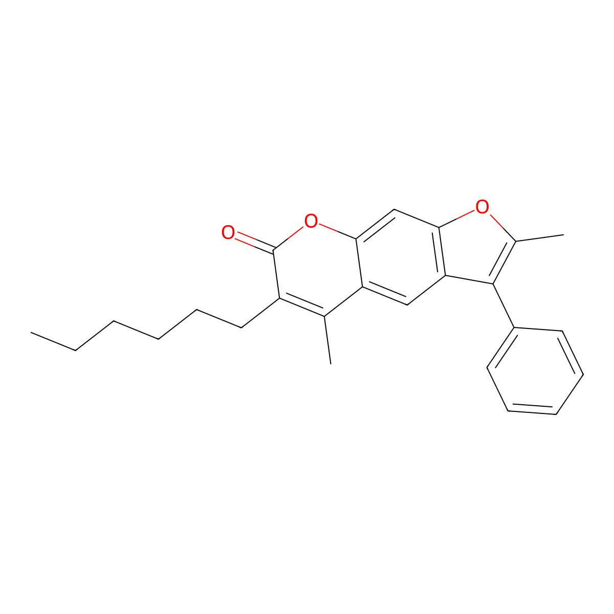 6-hexyl-2,5-dimethyl-3-phenyl-7H-furo[3,2-g]chromen-7-one molecular structure, CAS 374765-73-8