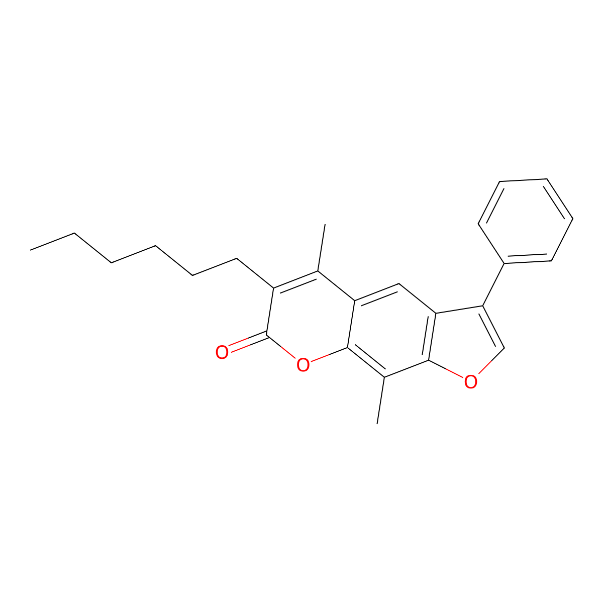 6-hexyl-5,9-dimethyl-3-phenyl-7H-furo[3,2-g]chromen-7-one molecular structure, CAS 374765-76-1
