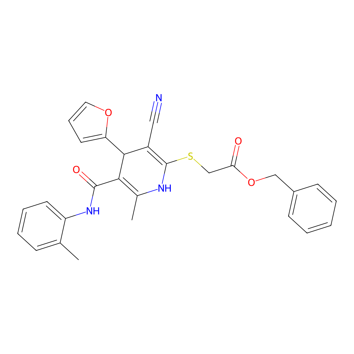 Benzyl 2-[[3-cyano-4-(furan-2-yl)-6-methyl-5-[(2-methylphenyl)carbamoyl]-1,4-dihydropyridin-2-yl]sulfanyl]acetate molecular structure, CAS 374768-52-2