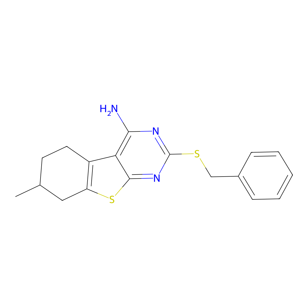 2-Benzylsulfanyl-7-methyl-5,6,7,8-tetrahydro-[1]benzothiolo[2,3-d]pyrimidin-4-amine molecular structure, CAS 374768-89-5