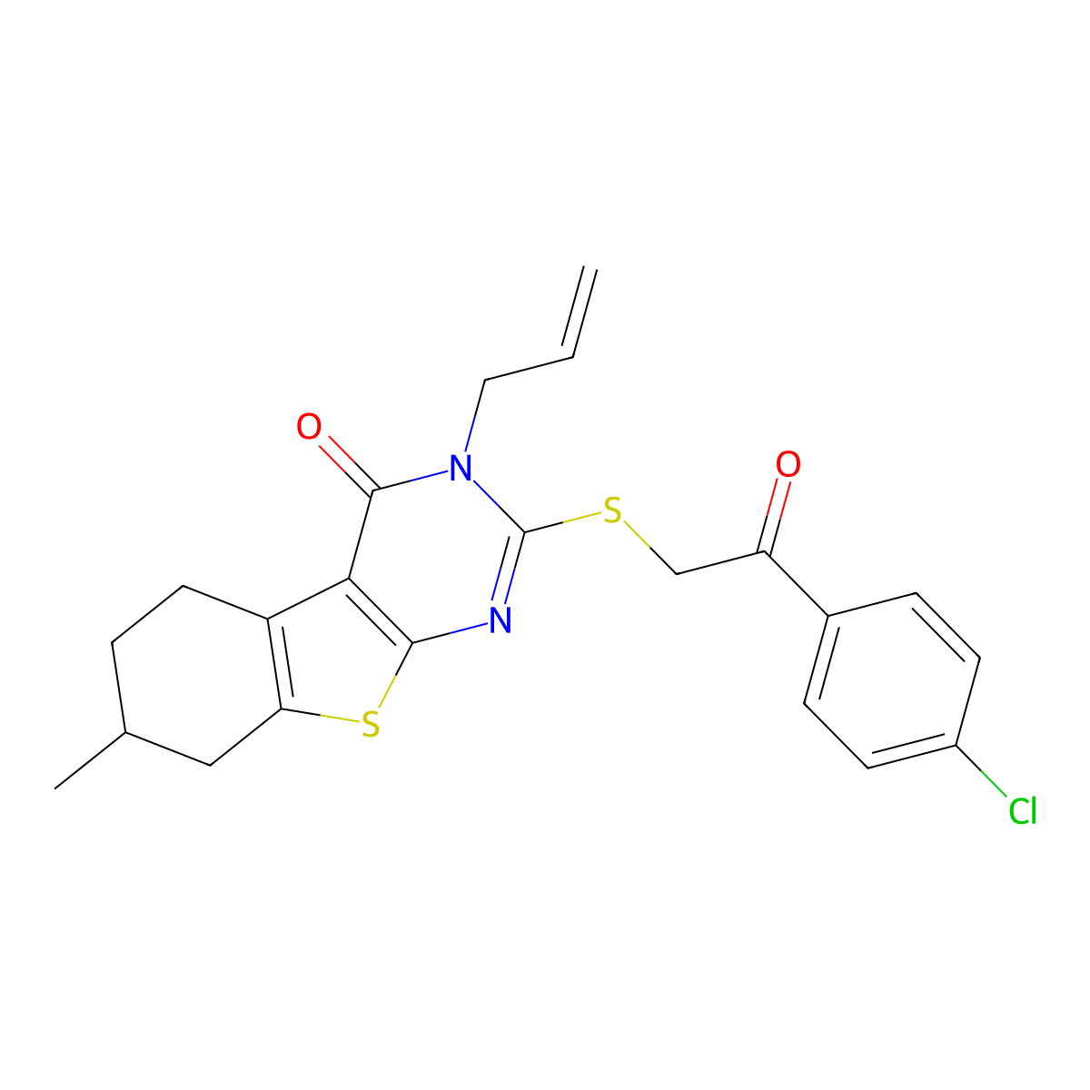 2-[2-(4-Chlorophenyl)-2-oxoethyl]sulfanyl-7-methyl-3-prop-2-enyl-5,6,7,8-tetrahydro-[1]benzothiolo[2,3-d]pyrimidin-4-one molecular structure, CAS 374769-99-0