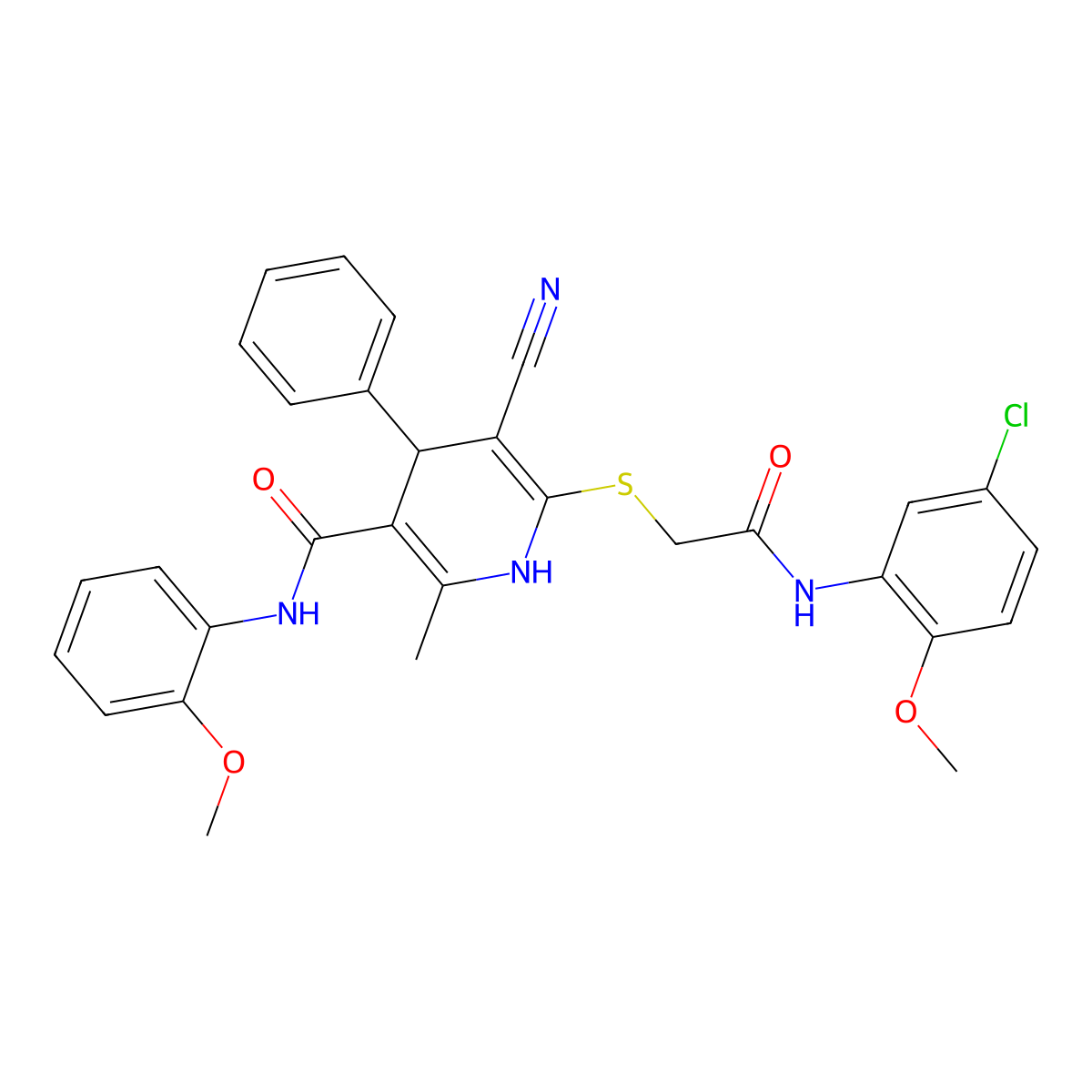 6-[2-(5-chloro-2-methoxyanilino)-2-oxoethyl]sulfanyl-5-cyano-N-(2-methoxyphenyl)-2-methyl-4-phenyl-1,4-dihydropyridine-3-carboxamide molecular structure, CAS 374770-52-2
