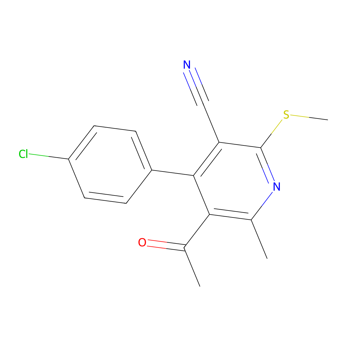 5-Acetyl-4-(4-chlorophenyl)-6-methyl-2-(methylsulfanyl)pyridine-3-carbonitrile molecular structure, CAS 374770-58-8