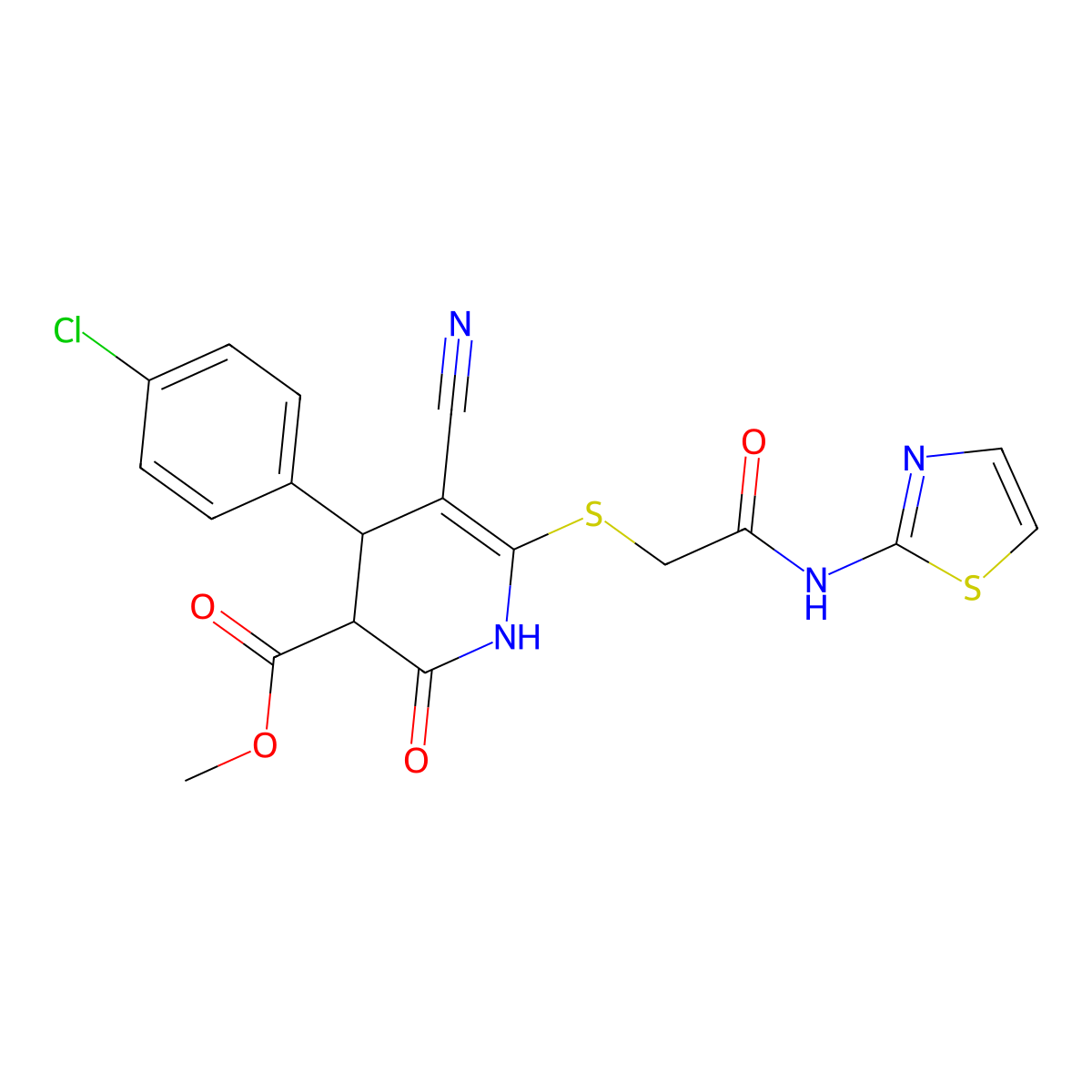 methyl 4-(4-chlorophenyl)-5-cyano-2-oxo-6-[2-oxo-2-(1,3-thiazol-2-ylamino)ethyl]sulfanyl-3,4-dihydro-1H-pyridine-3-carboxylate molecular structure, CAS 374770-78-2