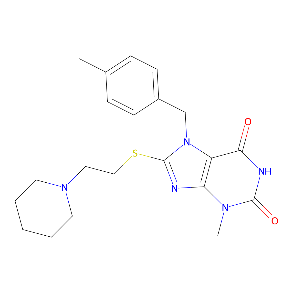 3-Methyl-7-[(4-methylphenyl)methyl]-8-[2-(1-piperidinyl)ethylthio]purine-2,6-dione molecular structure, CAS 374771-03-6