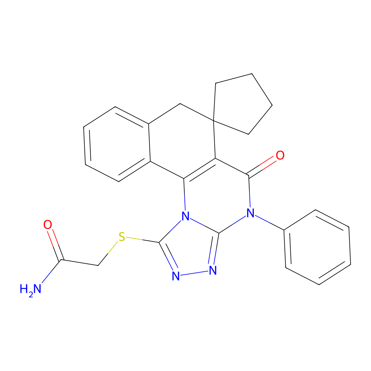 2-((5-oxo-4-phenyl-5,7-dihydro-4H-spiro[benzo[h][1,2,4]triazolo[4,3-a]quinazoline-6,1'-cyclopentan]-1-yl)thio)acetamide molecular structure, CAS 374771-24-1