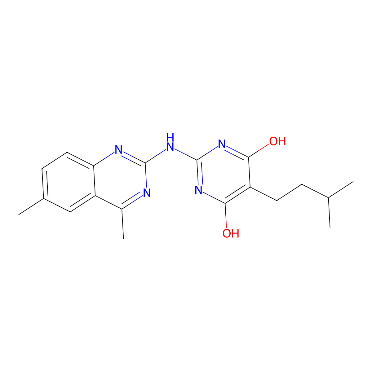 2-[(4,6-dimethylquinazolin-2-yl)amino]-4-hydroxy-5-(3-methylbutyl)-1H-pyrimidin-6-one molecular structure, CAS 374771-46-7