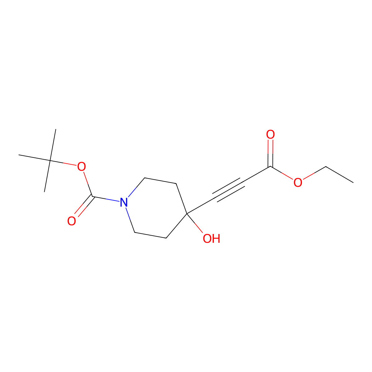 1-Piperidinecarboxylic acid, 4-(3-ethoxy-3-oxo-1-propyn-1-yl)-4-hydroxy-, 1,1-dimethylethyl ester molecular structure, CAS 374794-90-8