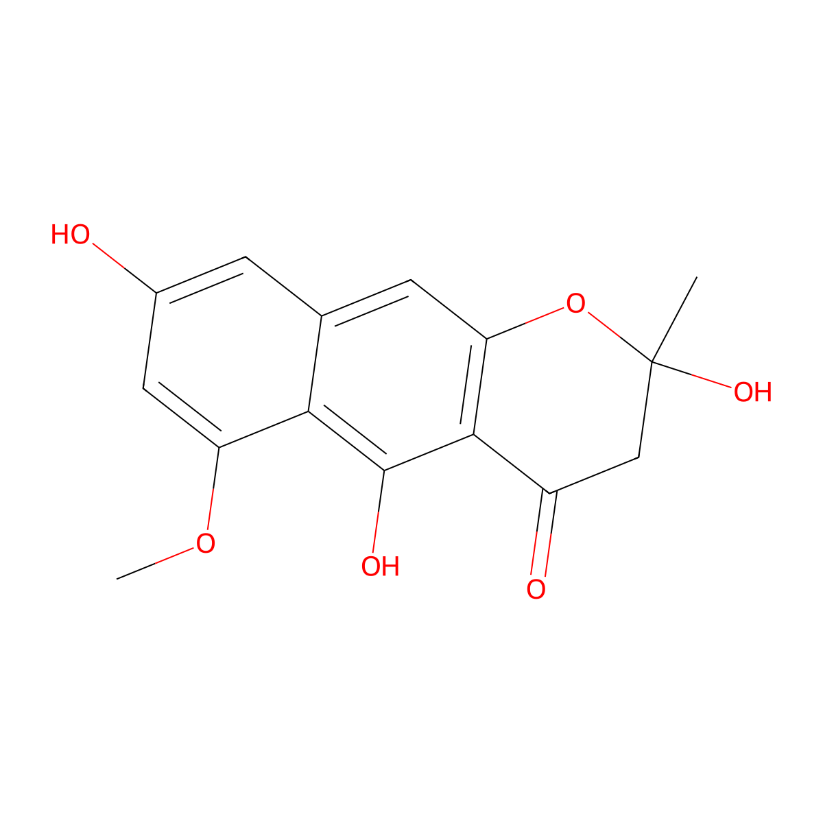 2,3-Dihydro-2,5,8-trihydroxy-6-methoxy-2-methyl-4H-naphtho(2,3-b)pyran-4-one molecular structure, CAS 3748-39-8