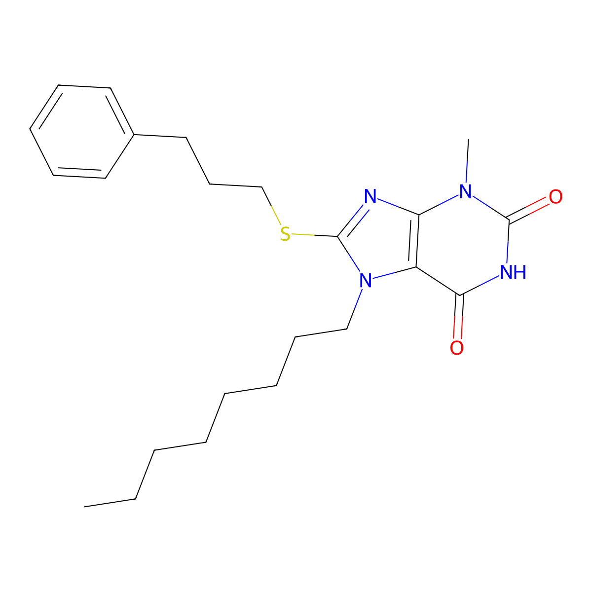3-Methyl-7-octyl-8-(3-phenylpropylsulfanyl)purine-2,6-dione molecular structure, CAS 374908-05-1