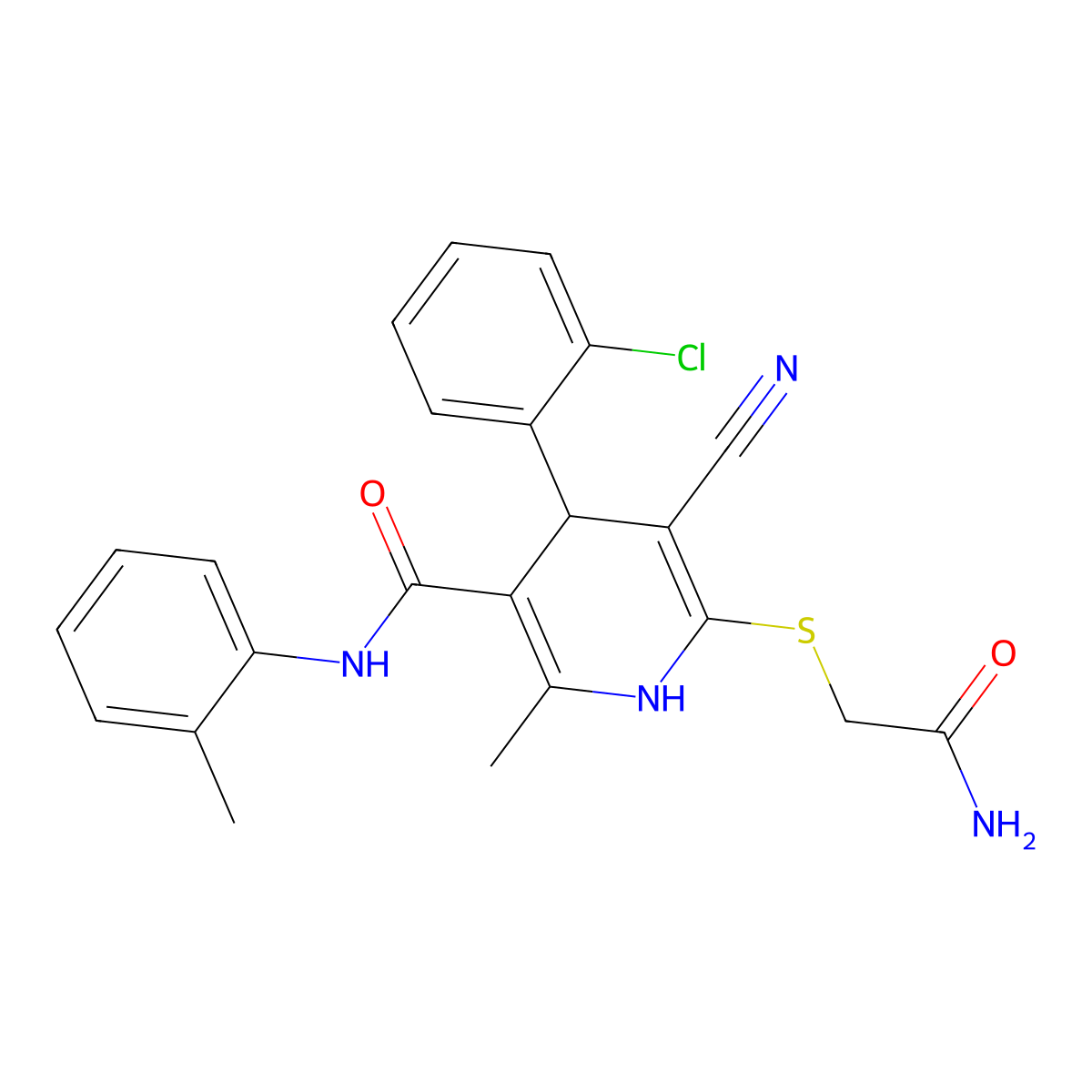 6-((2-amino-2-oxoethyl)thio)-4-(2-chlorophenyl)-5-cyano-2-methyl-N-(o-tolyl)-1,4-dihydropyridine-3-carboxamide molecular structure, CAS 374909-18-9