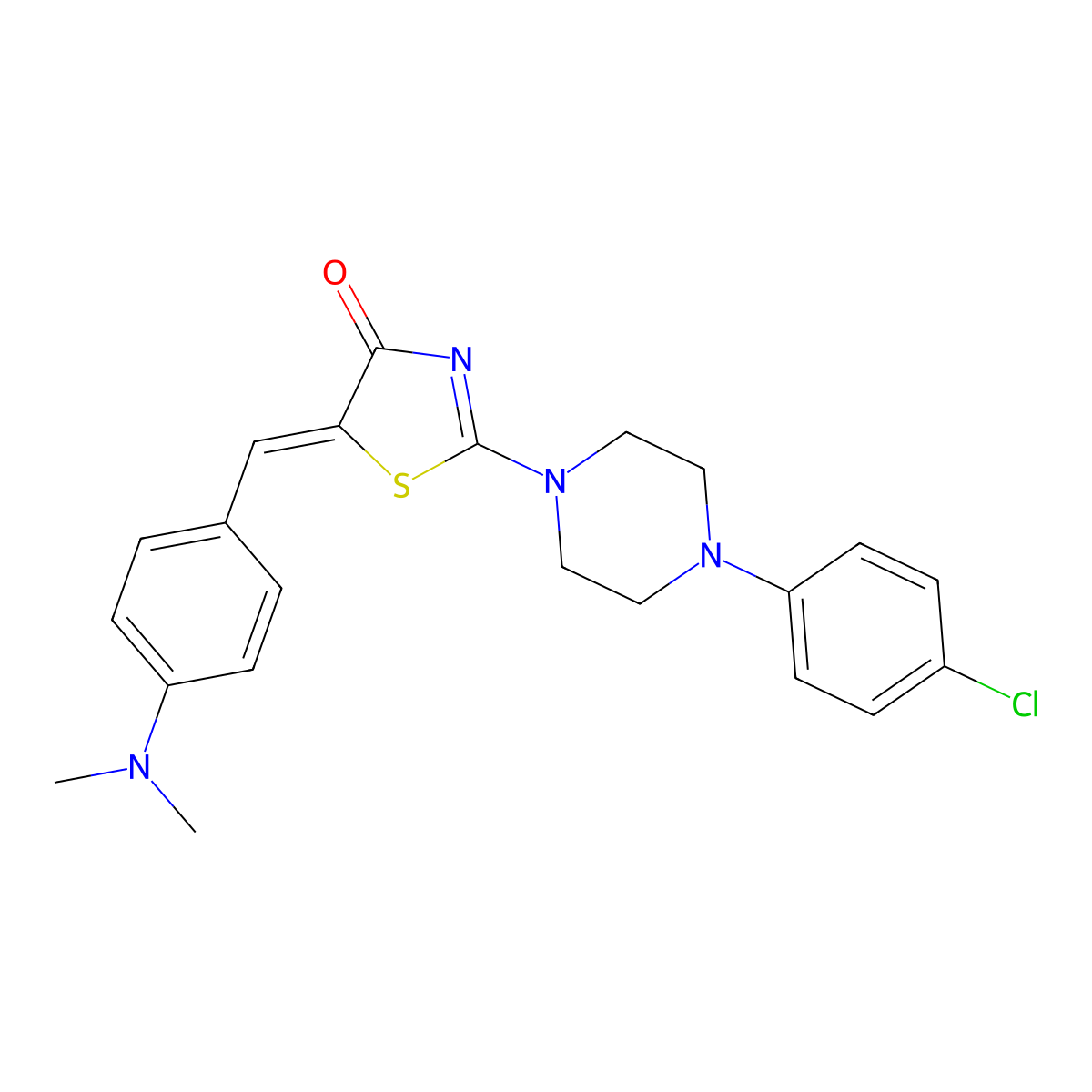 2-[4-(4-Chlorophenyl)-1-piperazinyl]-5-[[4-(dimethylamino)phenyl]methylene]-4(5H)-thiazolone molecular structure, CAS 374910-00-6