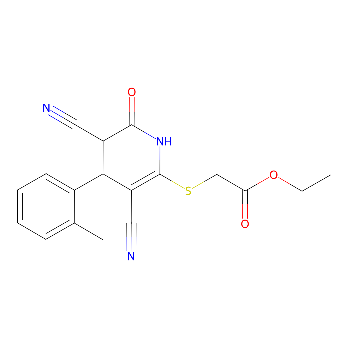 Ethyl 2-((3,5-dicyano-6-oxo-4-(o-tolyl)-1,4,5,6-tetrahydropyridin-2-yl)thio)acetate molecular structure, CAS 374910-16-4