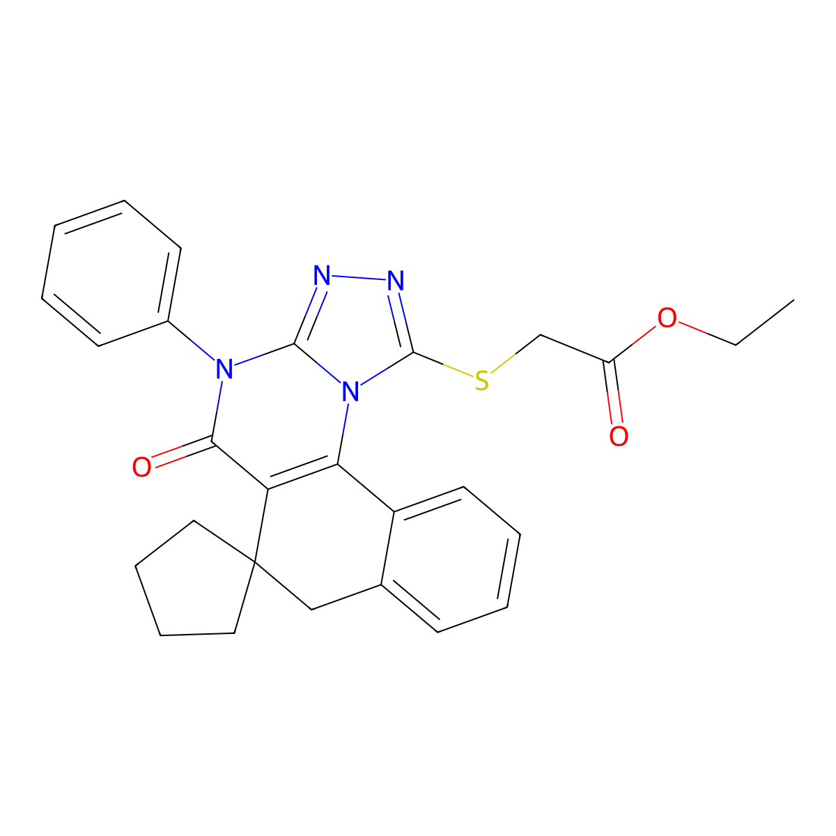 ethyl 2-((5-oxo-4-phenyl-5,7-dihydro-4H-spiro[benzo[h][1,2,4]triazolo[4,3-a]quinazoline-6,1'-cyclopentan]-1-yl)thio)acetate molecular structure, CAS 374911-58-7
