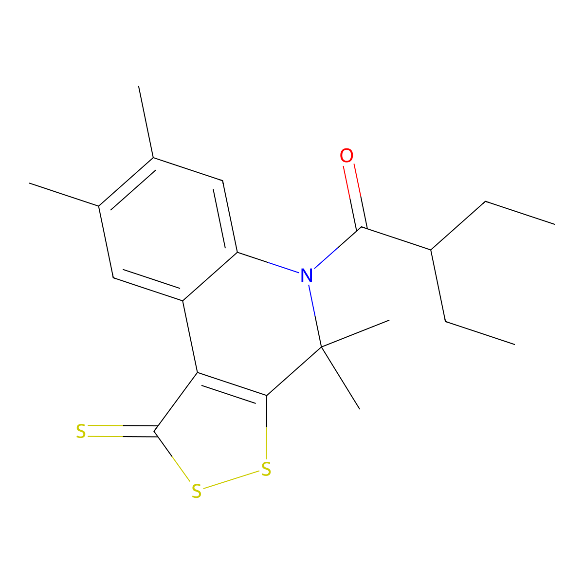 2-Ethyl-1-(4,4,7,8-tetramethyl-1-sulfanylidenedithiolo[3,4-c]quinolin-5-yl)butan-1-one molecular structure, CAS 374912-32-0
