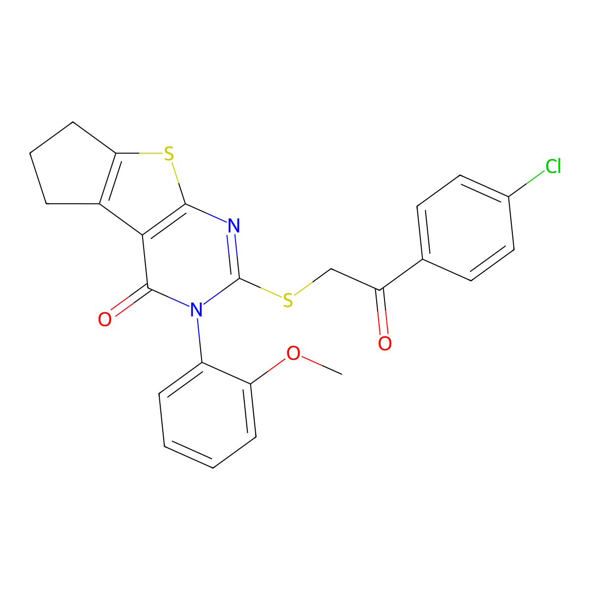 2-{[2-(4-chlorophenyl)-2-oxoethyl]sulfanyl}-3-(2-methoxyphenyl)-3,5,6,7-tetrahydro-4H-cyclopenta[4,5]thieno[2,3-d]pyrimidin-4-one molecular structure, CAS 374912-44-4