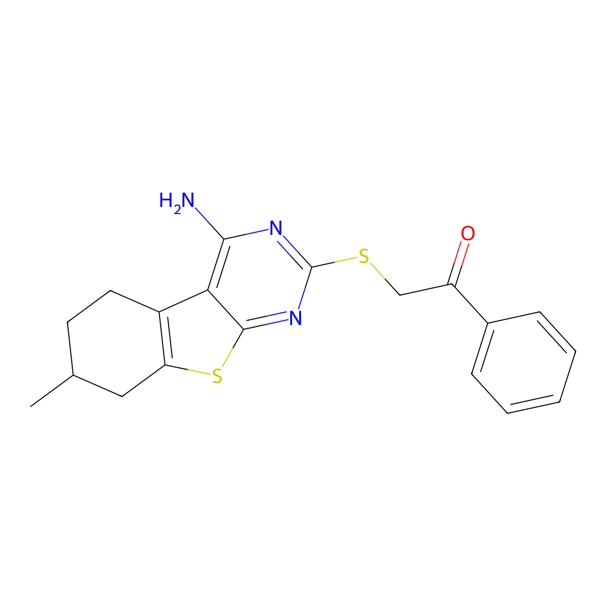 2-[(4-Amino-7-methyl-5,6,7,8-tetrahydro[1]benzothieno[2,3-d]pyrimidin-2-yl)sulfanyl]-1-phenylethanone molecular structure, CAS 374913-66-3