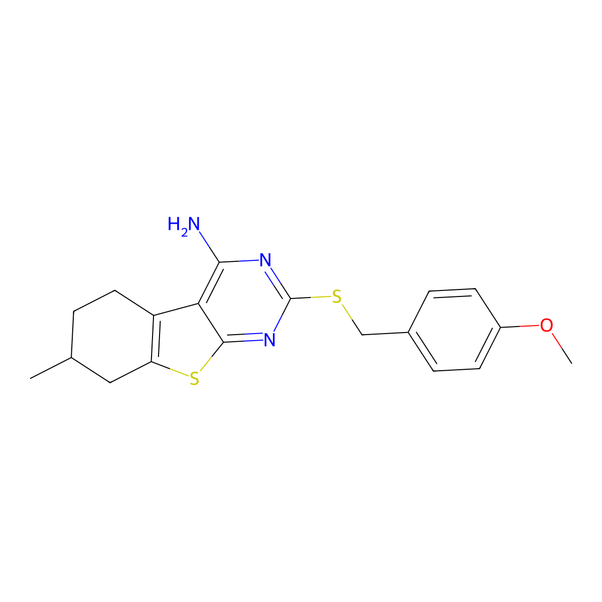 2-[(4-Methoxyphenyl)methylsulfanyl]-7-methyl-5,6,7,8-tetrahydro-[1]benzothiolo[2,3-d]pyrimidin-4-amine molecular structure, CAS 374913-71-0