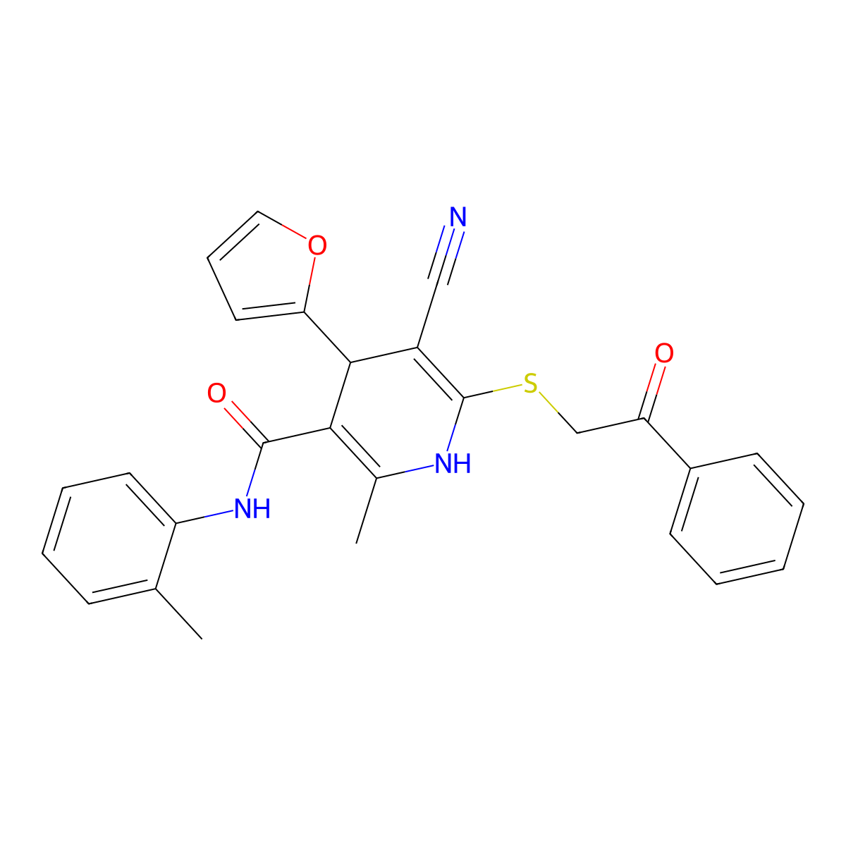 5-cyano-4-(furan-2-yl)-2-methyl-6-((2-oxo-2-phenylethyl)thio)-N-(o-tolyl)-1,4-dihydropyridine-3-carboxamide molecular structure, CAS 374914-08-6