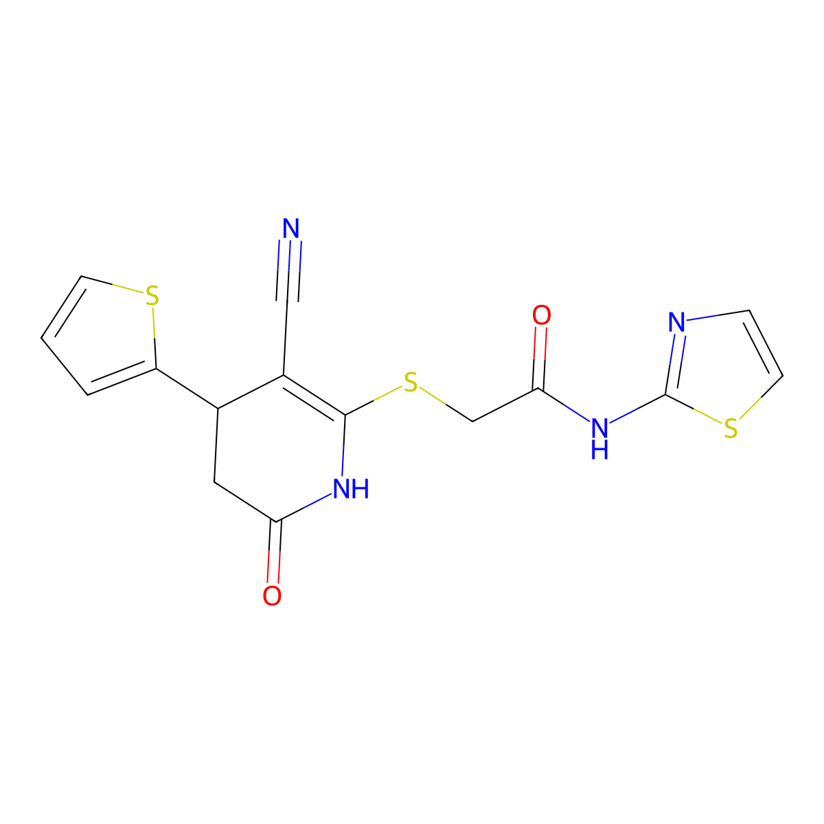 2-[(5-cyano-2-oxo-4-thiophen-2-yl-3,4-dihydro-1H-pyridin-6-yl)sulfanyl]-N-(1,3-thiazol-2-yl)acetamide molecular structure, CAS 374914-60-0
