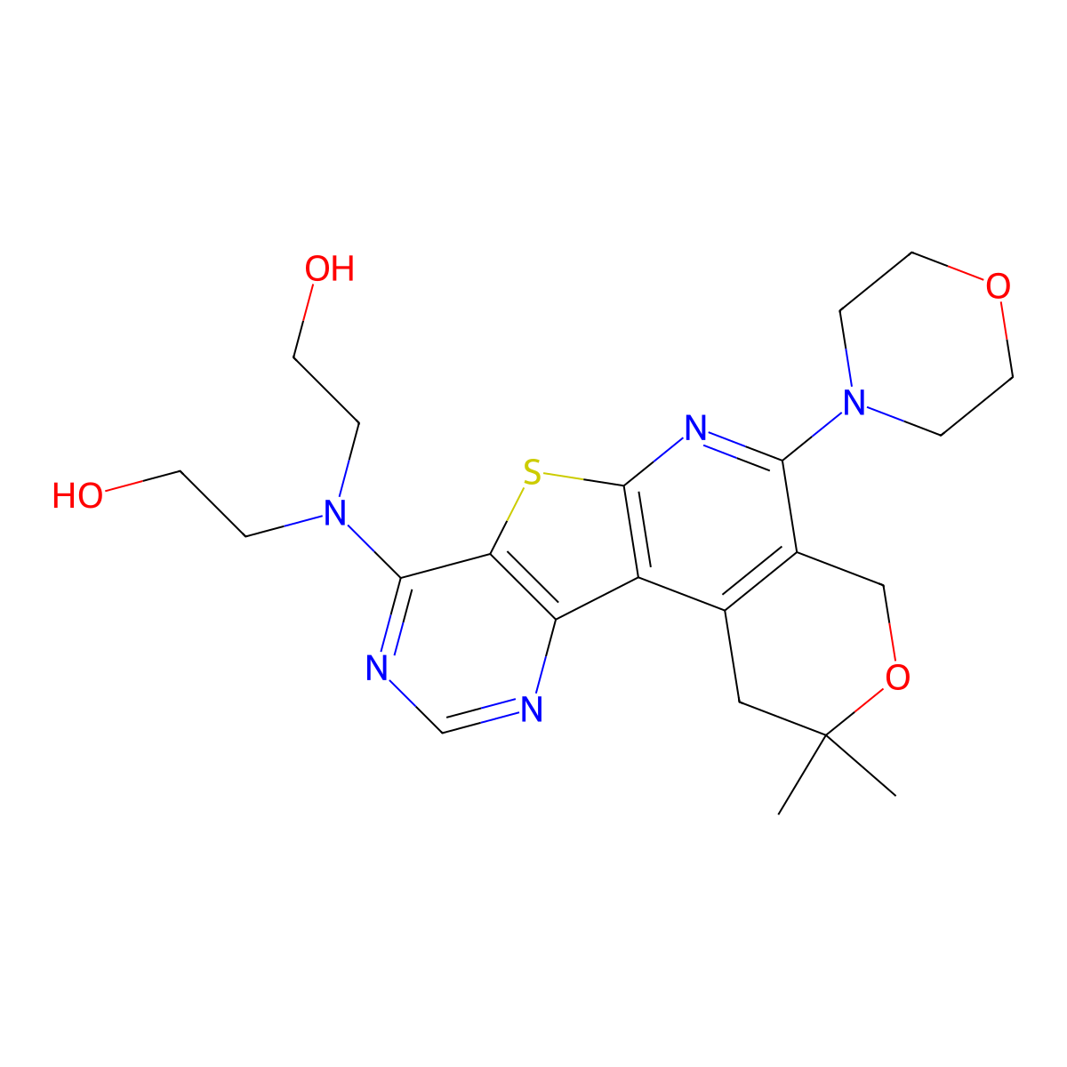 2,2'-((2,2-Dimethyl-5-morpholino-1,4-dihydro-2H-pyrano[4'',3'':4',5']pyrido[3',2':4,5]thieno[3,2-d]pyrimidin-8-yl)azanediyl)bis(ethan-1-ol) molecular structure, CAS 374914-75-7