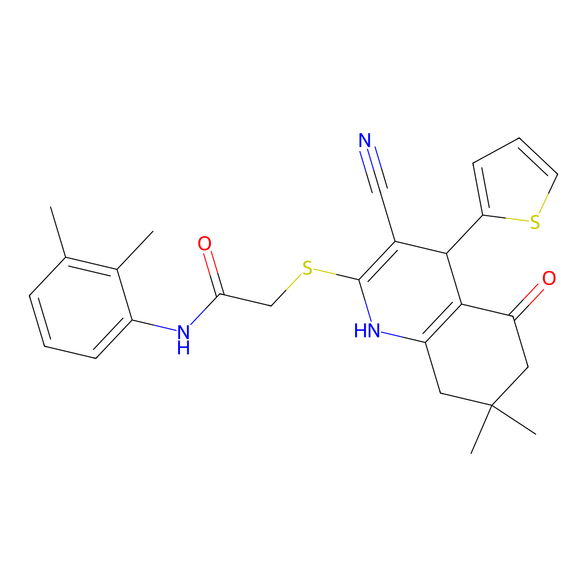 2-((3-cyano-7,7-dimethyl-5-oxo-4-(thiophen-2-yl)-1,4,5,6,7,8-hexahydroquinolin-2-yl)thio)-N-(2,3-dimethylphenyl)acetamide molecular structure, CAS 374914-76-8