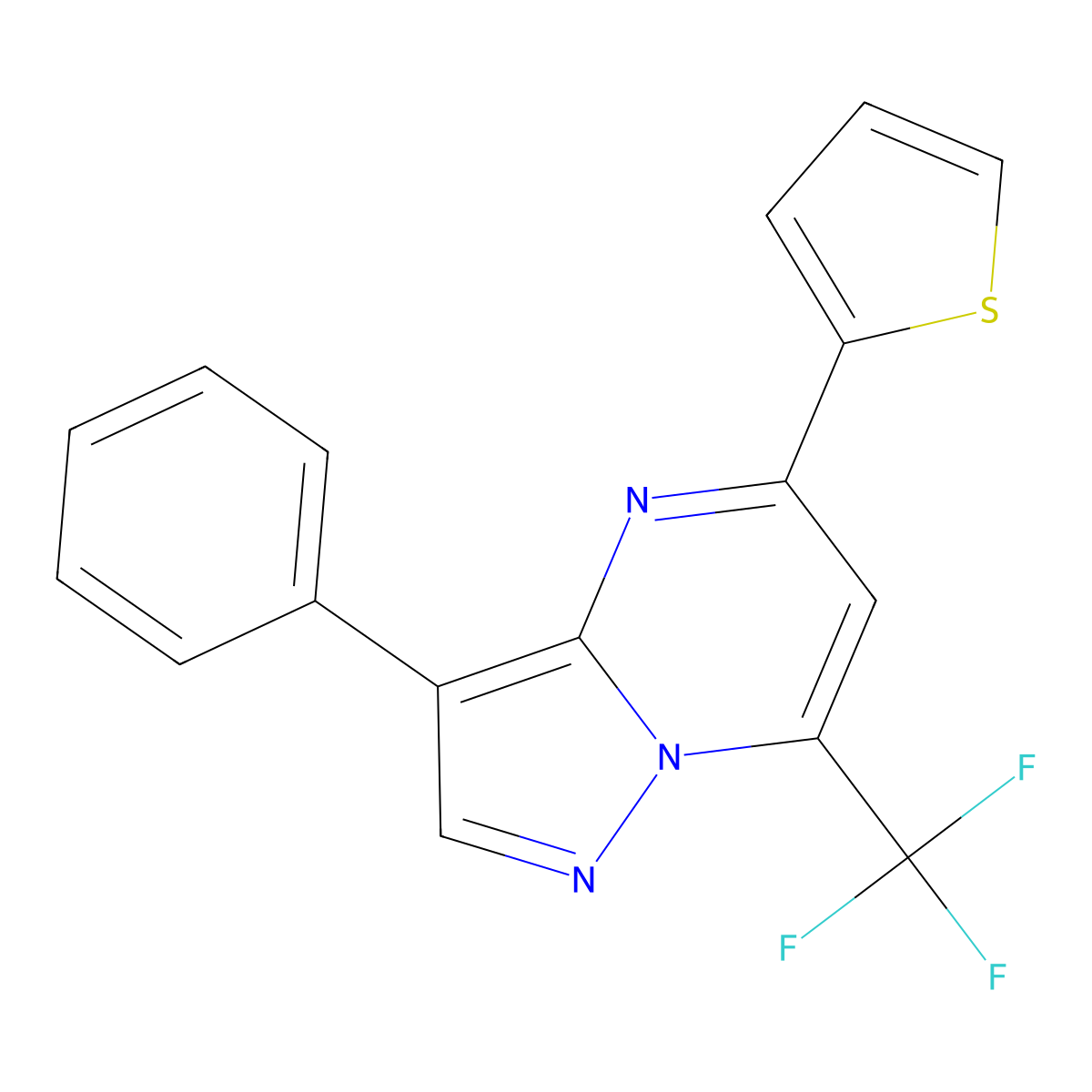 3-Phenyl-5-(thiophen-2-yl)-7-(trifluoromethyl)pyrazolo[1,5-a]pyrimidine molecular structure, CAS 374915-08-9