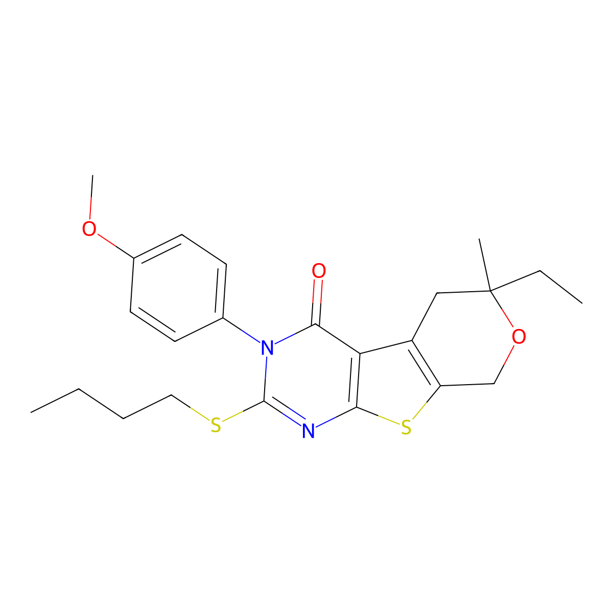 2-(butylsulfanyl)-6-ethyl-3-(4-methoxyphenyl)-6-methyl-3,5,6,8-tetrahydro-4H-pyrano[4',3':4,5]thieno[2,3-d]pyrimidin-4-one molecular structure, CAS 374916-69-5