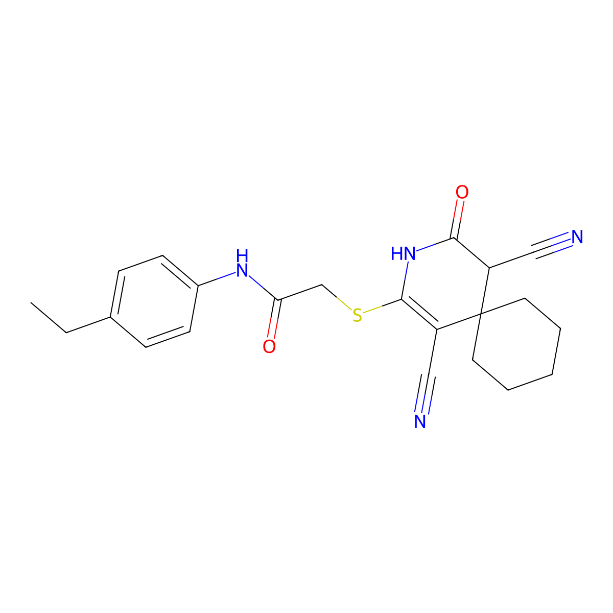 2-((1,5-dicyano-4-oxo-3-azaspiro[5.5]undec-1-en-2-yl)thio)-N-(4-ethylphenyl)acetamide molecular structure, CAS 374916-73-1