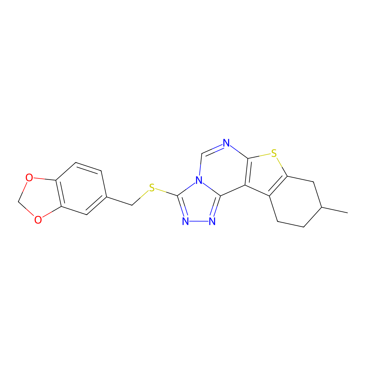 3-((Benzo[d][1,3]dioxol-5-ylmethyl)thio)-9-methyl-8,9,10,11-tetrahydrobenzo[4,5]thieno[3,2-e][1,2,4]triazolo[4,3-c]pyrimidine molecular structure, CAS 374917-21-2