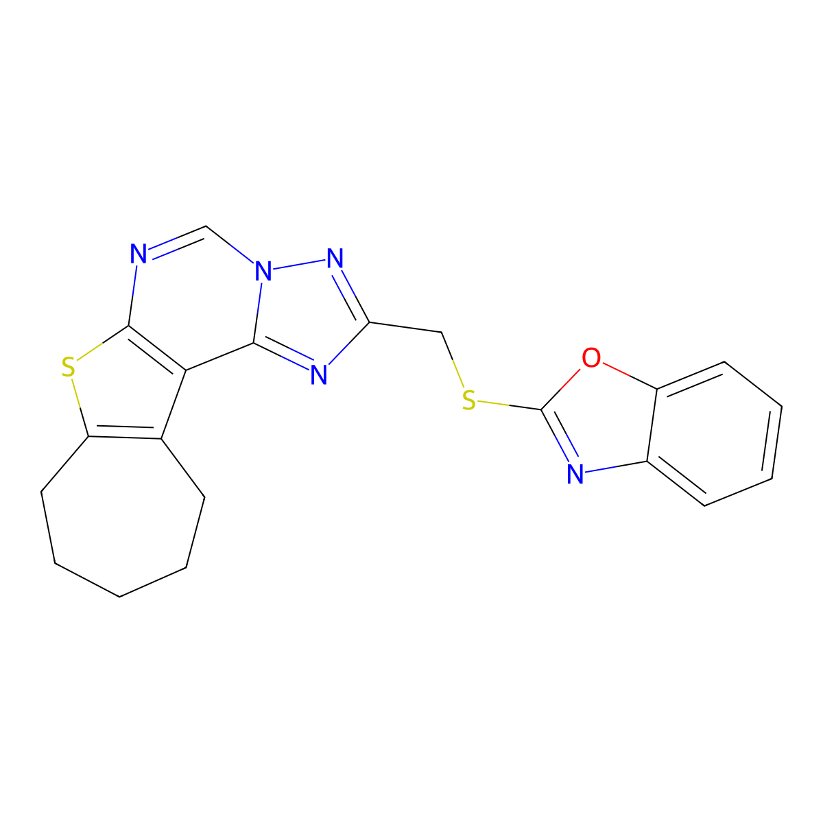 2-(((9,10,11,12-tetrahydro-8H-cyclohepta[4,5]thieno[3,2-e][1,2,4]triazolo[1,5-c]pyrimidin-2-yl)methyl)thio)benzo[d]oxazole molecular structure, CAS 374917-35-8