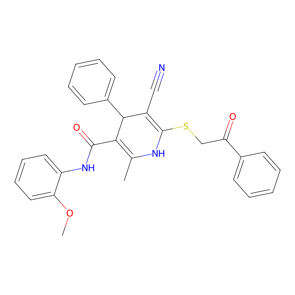5-cyano-N-(2-methoxyphenyl)-2-methyl-6-phenacylsulfanyl-4-phenyl-1,4-dihydropyridine-3-carboxamide molecular structure, CAS 374917-39-2