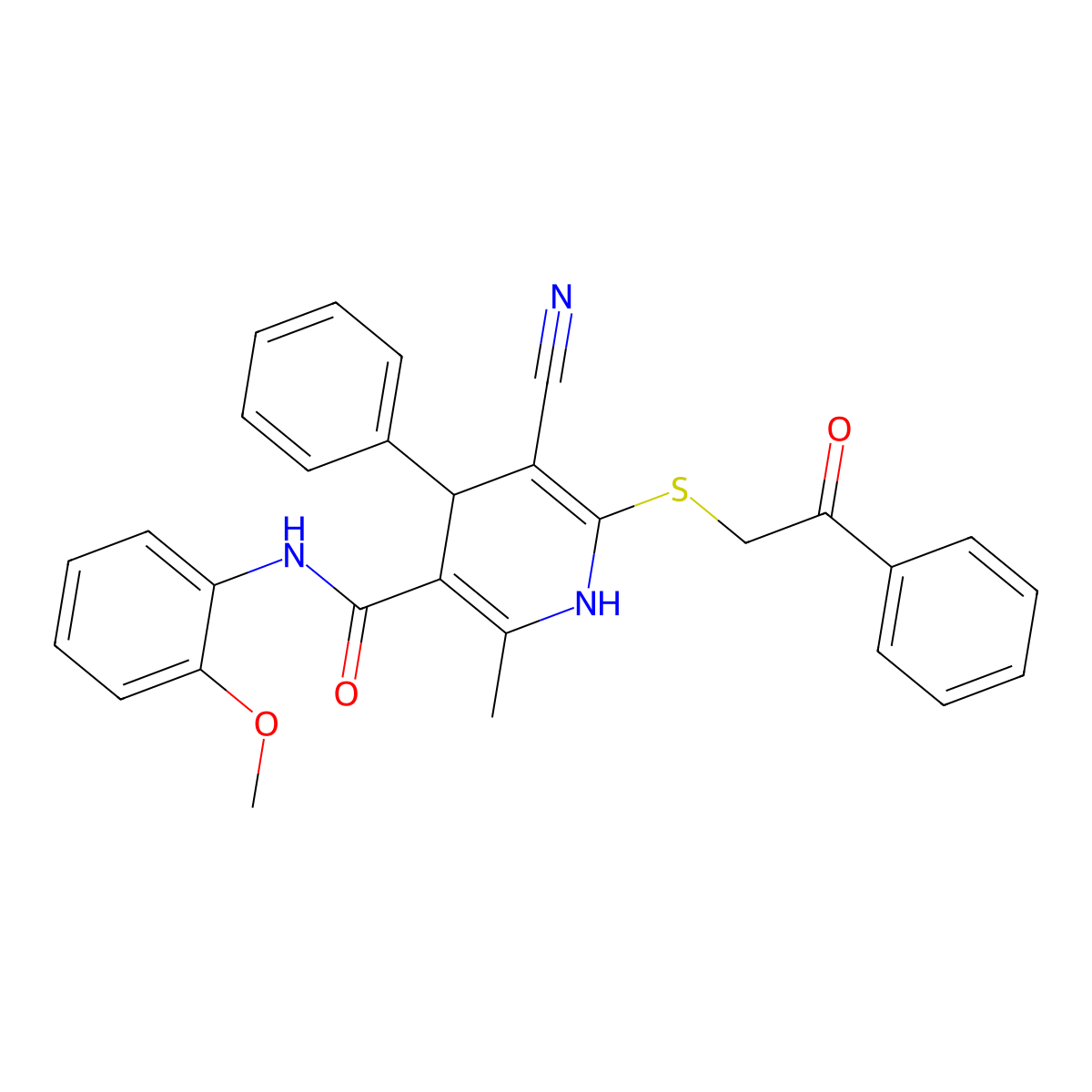 5-cyano-N-(2-methoxyphenyl)-2-methyl-6-phenacylsulfanyl-4-phenyl-1,4-dihydropyridine-3-carboxamide molecular structure, CAS 374917-39-2