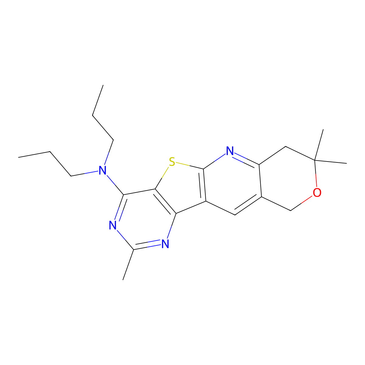 2,8,8-trimethyl-N,N-dipropyl-8,10-dihydro-7H-pyrano[3'',4'':5',6']pyrido[3',2':4,5]thieno[3,2-d]pyrimidin-4-amine molecular structure, CAS 374917-61-0