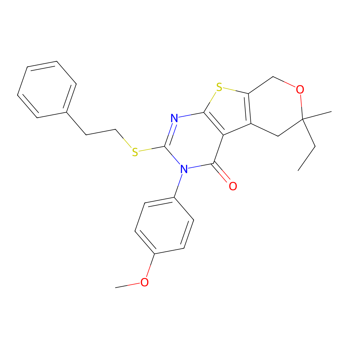 6-Ethyl-3-(4-methoxyphenyl)-6-methyl-2-(2-phenylethylsulfanyl)-5,8-dihydropyrano[2,3]thieno[2,4-b]pyrimidin-4-one molecular structure, CAS 374918-81-7