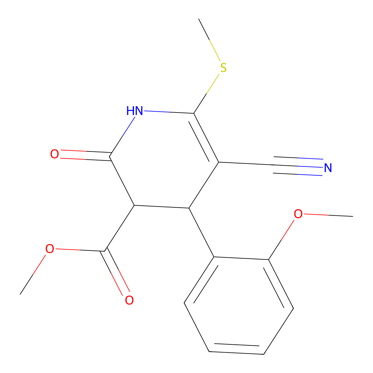 Methyl 5-cyano-4-(2-methoxyphenyl)-6-(methylsulfanyl)-2-oxo-1,2,3,4-tetrahydropyridine-3-carboxylate molecular structure, CAS 374922-15-3