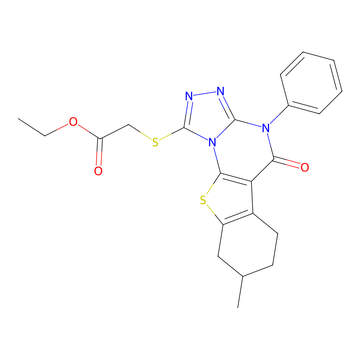 Ethyl 2-((8-methyl-5-oxo-4-phenyl-4,5,6,7,8,9-hexahydrobenzo[4,5]thieno[3,2-e][1,2,4]triazolo[4,3-a]pyrimidin-1-yl)thio)acetate molecular structure, CAS 374922-55-1