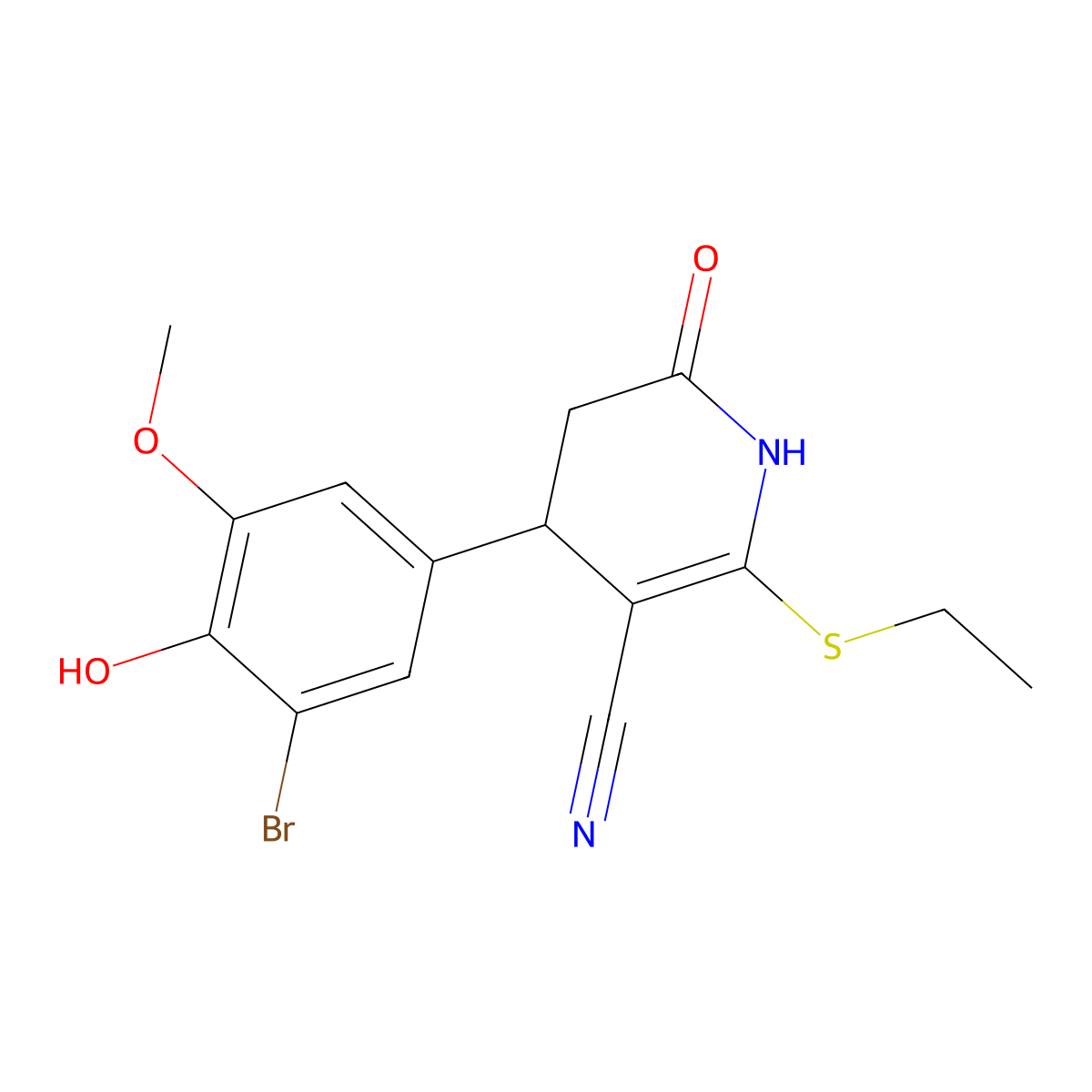 4-(3-bromo-4-hydroxy-5-methoxyphenyl)-6-ethylsulfanyl-2-oxo-3,4-dihydro-1H-pyridine-5-carbonitrile molecular structure, CAS 374922-61-9