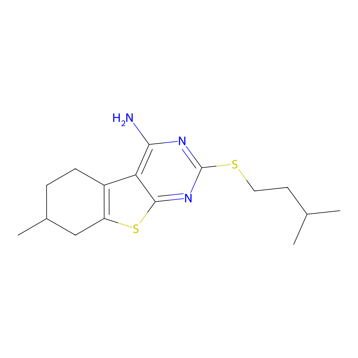 2-(Isopentylsulfanyl)-7-methyl-5,6,7,8-tetrahydro[1]benzothieno[2,3-d]pyrimidin-4-ylamine molecular structure, CAS 374922-62-0