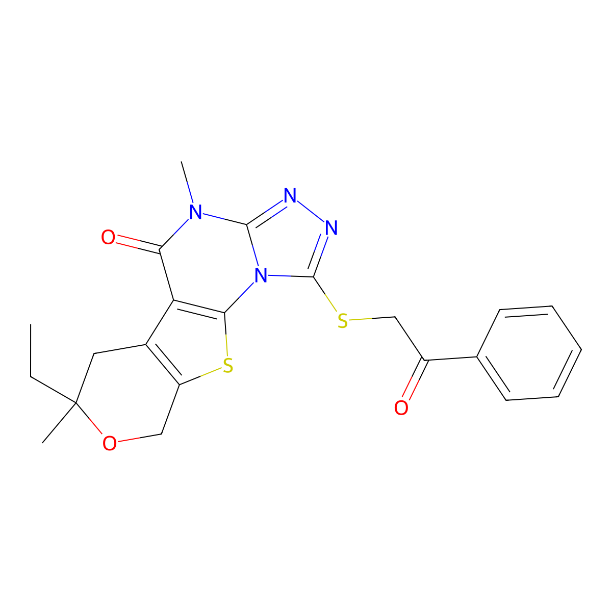 7-ethyl-4,7-dimethyl-1-[(2-oxo-2-phenylethyl)sulfanyl]-6,9-dihydro-7H-pyrano[4',3':4,5]thieno[3,2-e][1,2,4]triazolo[4,3-a]pyrimidin-5(4H)-one molecular structure, CAS 374922-80-2