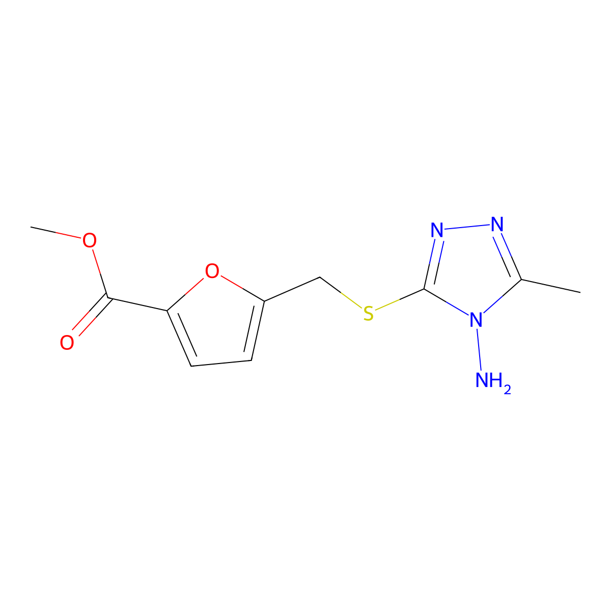 methyl 5-{[(4-amino-5-methyl-4H-1,2,4-triazol-3-yl)sulfanyl]methyl}furan-2-carboxylate molecular structure, CAS 374922-88-0