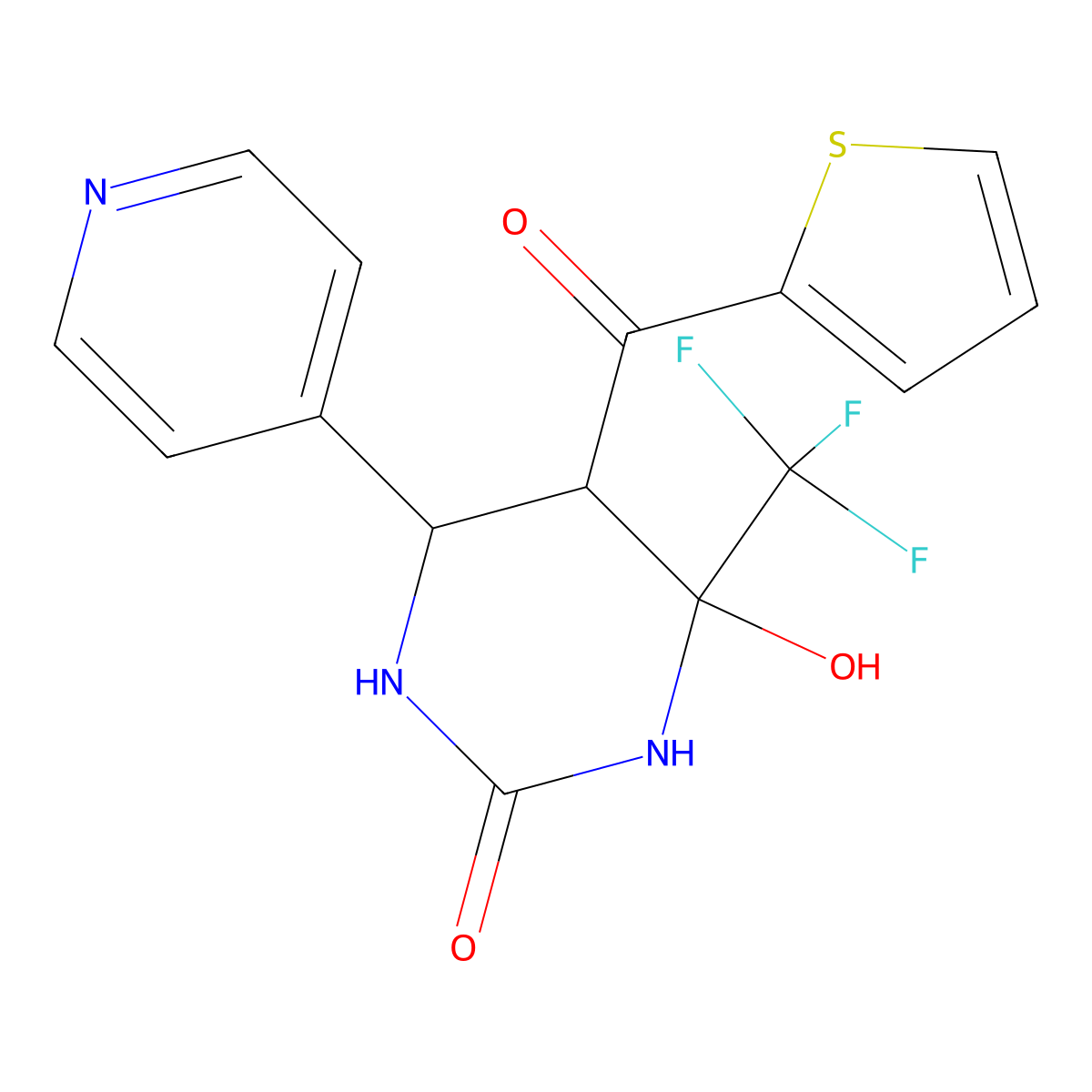 4-Hydroxy-6-pyridin-4-yl-5-(thiophene-2-carbonyl)-4-(trifluoromethyl)-1,3-diazinan-2-one molecular structure, CAS 374929-46-1