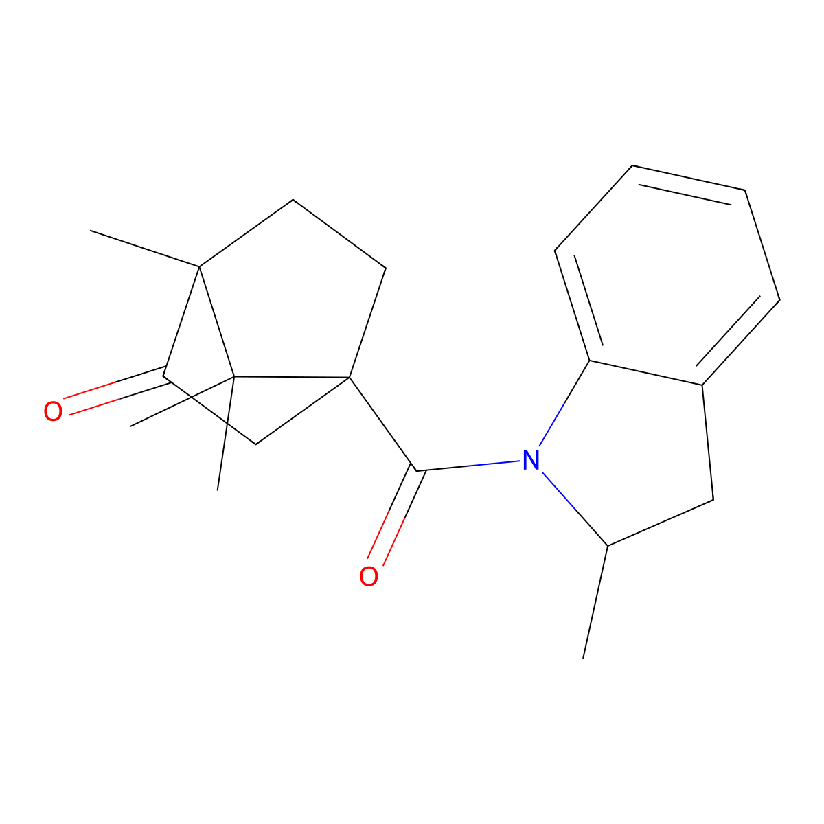 1,7,7-Trimethyl-4-[(2-methyl-2,3-dihydroindol-1-yl)-oxomethyl]-2-bicyclo[2.2.1]heptanone molecular structure, CAS 375348-11-1