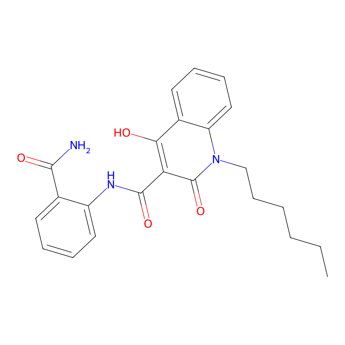N-(2-carbamoylphenyl)-1-hexyl-4-hydroxy-2-oxo-1,2-dihydroquinoline-3-carboxamide molecular structure, CAS 375349-65-8