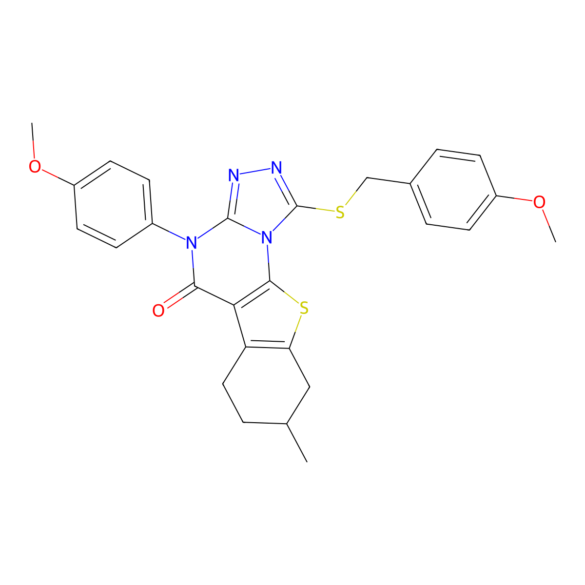 1-[(4-methoxybenzyl)sulfanyl]-4-(4-methoxyphenyl)-8-methyl-6,7,8,9-tetrahydro[1]benzothieno[3,2-e][1,2,4]triazolo[4,3-a]pyrimidin-5(4H)-one molecular structure, CAS 375350-29-1